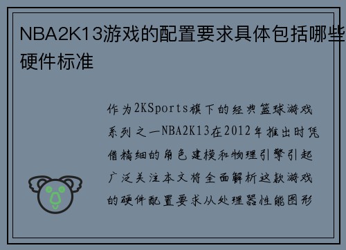 NBA2K13游戏的配置要求具体包括哪些硬件标准